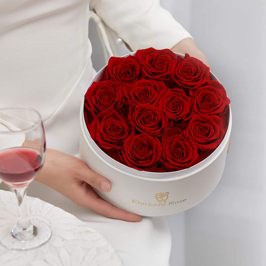 12 Preserved Rose in a Box, Real Roses That Last a Year, Preserved Flowers for Delivery, Gift for Her Valentines Day, Mother Day (Red Roses, round White PU Leather Box)